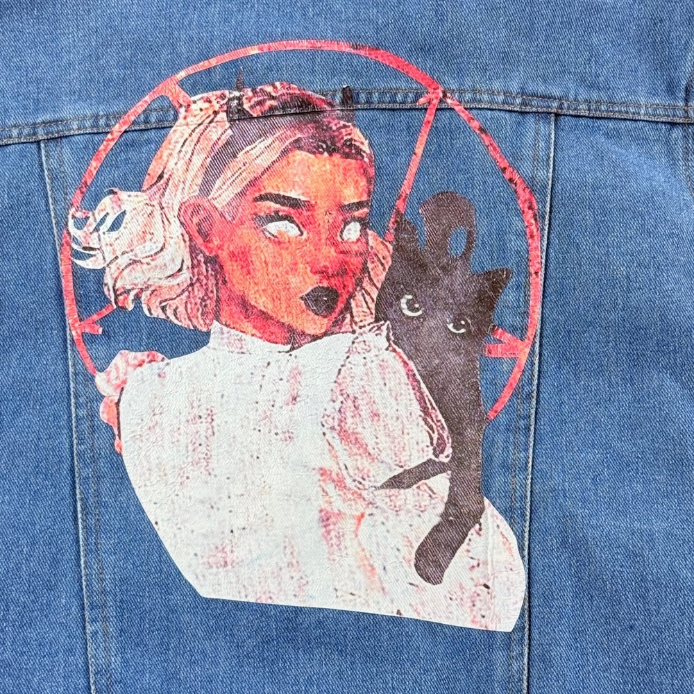 Burset‎ Denim Vest Womens Small Graphic Cat Frayed Punk Grunge Emo Alternative